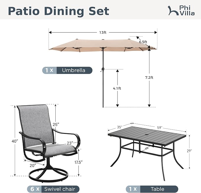 PHI VILLA Patio Dining Set with 13ft Umbrella for 6, Swivel Mesh Chairs | 59'' metal rectangular table, 6 grey outdoor textilene chairs and 13ft beige umbrella(NO BASE) for deck, garden, backyard