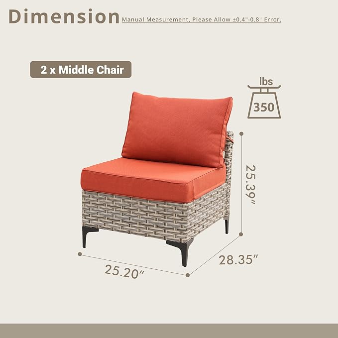 2 Pieces Patio Sectional Furniture Set, Outdoor Wicker Sectional Couch Middle Seats, Modern Conversation Set for Porch Balcony Backyard, Red