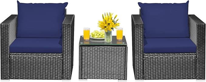 HAPPYGRILL 3-Piece Patio Furniture Set Rattan Wicker Patio Conversation Set with Coffee Table and Cushions Outdoor Sofa Set for Garden Balcony Porch Poolside