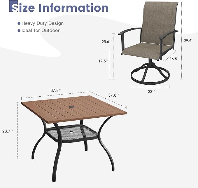 VICLLAX Outdoor Table and Chairs Set for 4, Patio Dining Set of 37.8" Metal Square Patio Table with Umbrella Hole & 4 Swivel Outdoor Dining Chairs for Backyard Lawn, Mixed Brown & Walnut