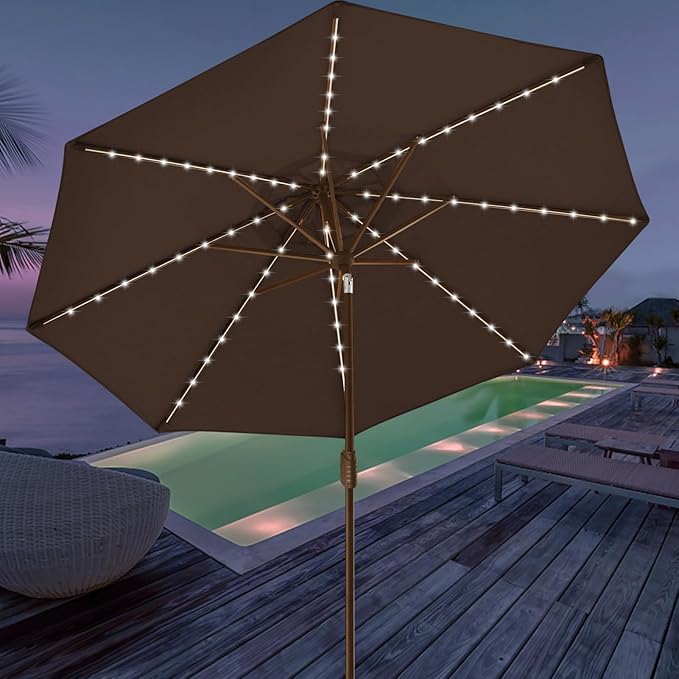 EliteShade USA 10-Year-Non-Fading 9ft Market Patio Umbrella, Commercial Grade Table Sun Umbrella with 80 Solar LED Lights, Crank Open, Windproof & UPF 50+ UV Protection for Garden, Deck, Pool, Backyard, Chestnut