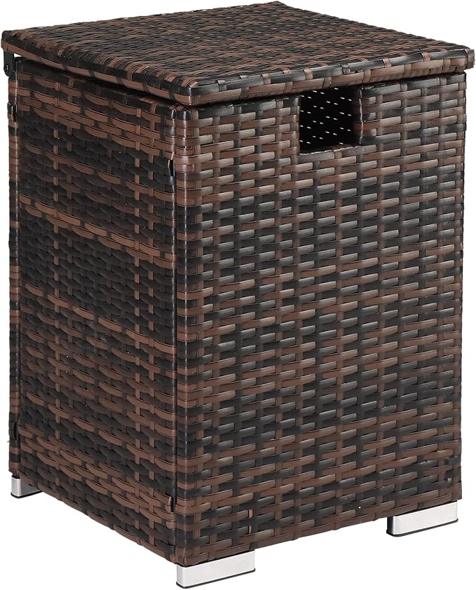 15.7" Patio Rattan Wicker Side Table,16 Gallon Small Outdoor Rattan Storage Bin,Outdoor Wicker Side Table,All-Weather Storage Box,with Lid,for Garden Porch Deck Backyard (Brown)