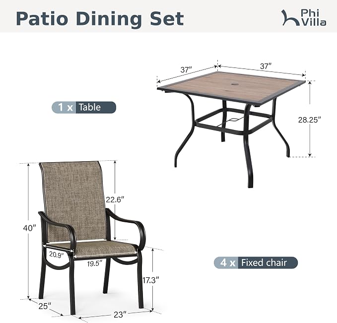 PHI VILLA 5 Pcs Patio Dining Set for 4, Mesh Chairs & Wood-Look Table | 4 textilene dining chairs. 37" PVC square table top w/ umbrella hole, all weather E-coated metal frame for outdoor deck lawn