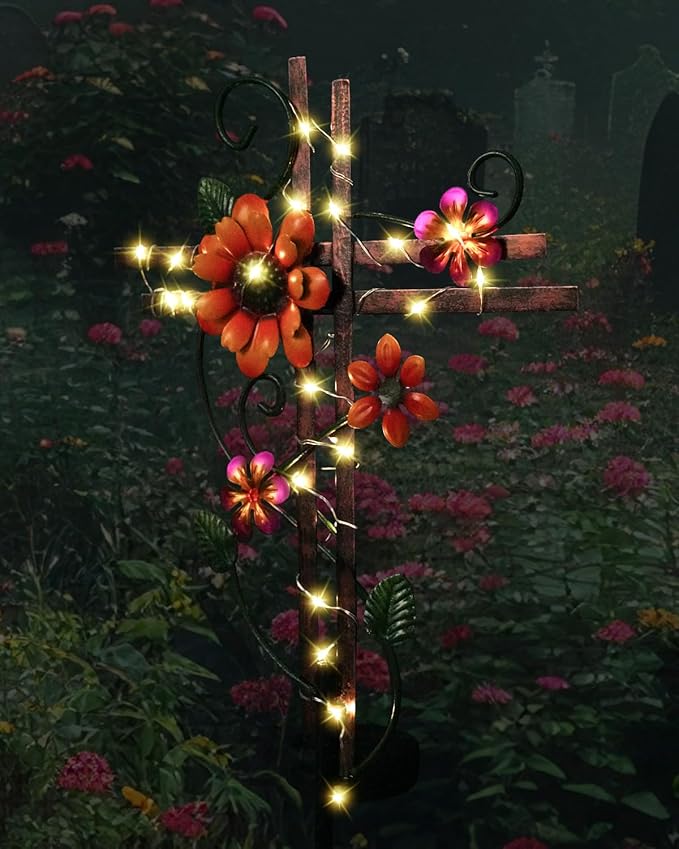Putuo Decor Cross Outdoor Solar Garden Lights Decorative Metal Cross Garden Stake Light with LED Lights Waterproof for Yard Garden Pathway Remembrance Gifts, L087SN-0004383
