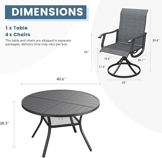 DIFY Patio Table and Chairs Set for 4, 5 Piece Outdoor Dining Set, 40.6" Black Round Metal Dining Table with Umbrella Hole and 4 Dark Grey Textilene Swivel Patio Chairs, for Garden Backyard Deck