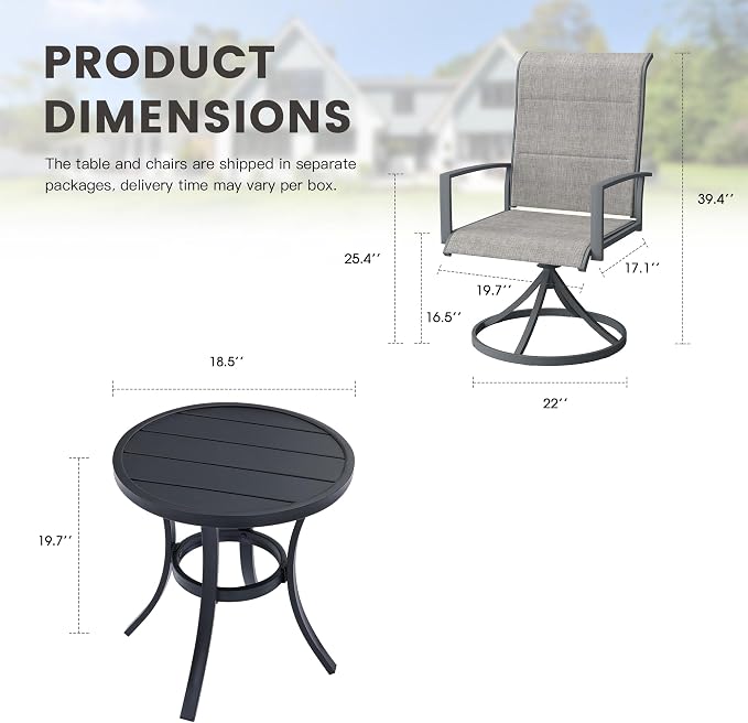 Outdoor Dining Set for 2, 18.5" Metal Round Outdoor Side Table and Padded Textilene Patio Swivel Chairs, 3 Pieces Patio Side Table and Chairs Set for Garden Backyard, Grey and Black