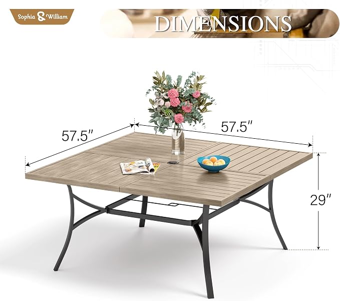 Sophia & William 9pc Square Patio Dining Set for 8, Rattan Chairs | Patio Table Set for 8, Teak Color Metal Table with Umbrella Hole, Wicker Chairs, Rust-Resistant Frame