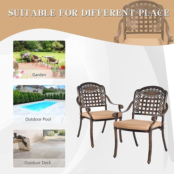 TITIMO 9-Piece Cast Aluminum Patio Furniture Set, Outdoor Patio Dining Set Bistro Conversation Set, Rectangular Dining Table Set w/Cushions Umbrella Hole (Khaki-Fixed Grid Chair, 9 Pcs)