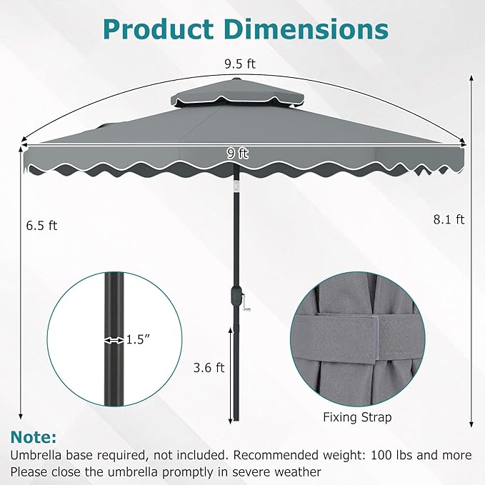 Happygrill 9 FT Patio Umbrella, Scalloped Outdoor Table Market Umbrella with Push Button Tilt & Crank, 2-Tier Vented Top, Heavy-Duty 8 Metal Ribs, Sun-Protective Canopy, Ruffle for Deck Pool Garden (Gray)
