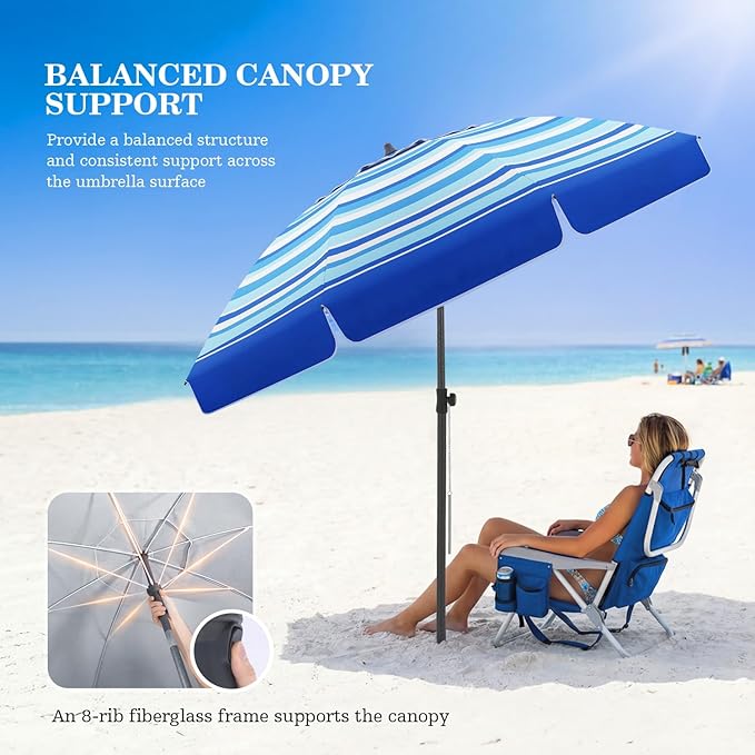 UIRWAY Beach Umbrella, Heavy Duty Windproof Beach Umbrellas with Sand Anchor & Tilt, Sun Protection Portable Beach Umbrella with Carrying Bag for Beach, Patio Garden Pool Outdoor
