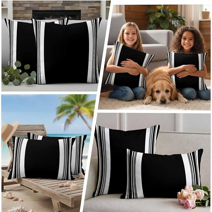 Farmhouse Black Outdoor Waterproof Throw Pillow Covers 16x16 Set of 2, Aesthetic Modern Line Striped Decorative Pillowcases Cushion Pillowcase for Couch Sofa Patio Outside Pillow Protector