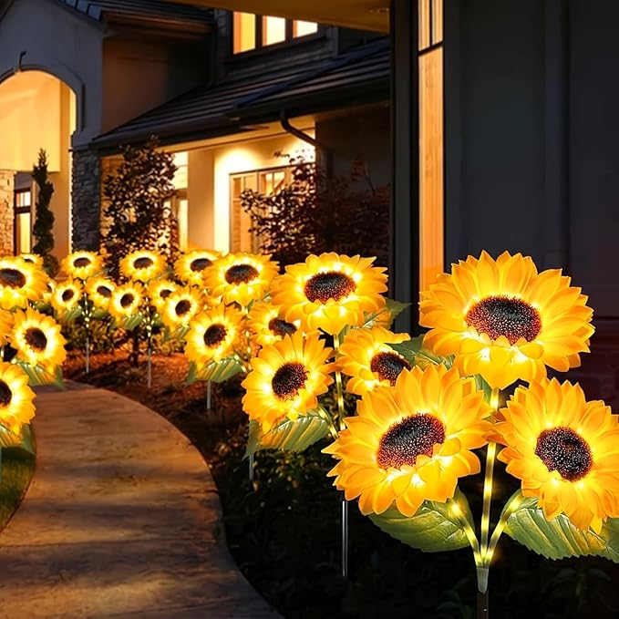 2026 Upgraded Solar Garden Lights, 4-Pack 12 Sunflowers Outdoor Waterproof Solar Lights, 27” Tall Auto On/Off Solar Flowers Lights for Garden Patio Yard Backyard Decor