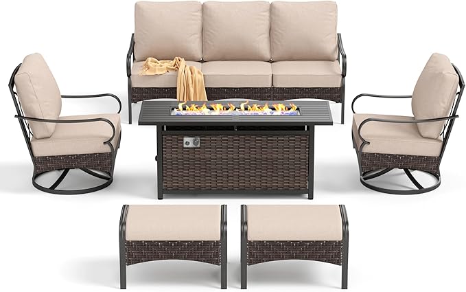 Patio Furniture Set with 56" Fire Pit Table, Premium Outdoor Wicker Metal Frame Furniture with Upgraded Waterproof Thick Cushions for Porch, Poolside, Deck, and Yard (8 Pieces,Beige)