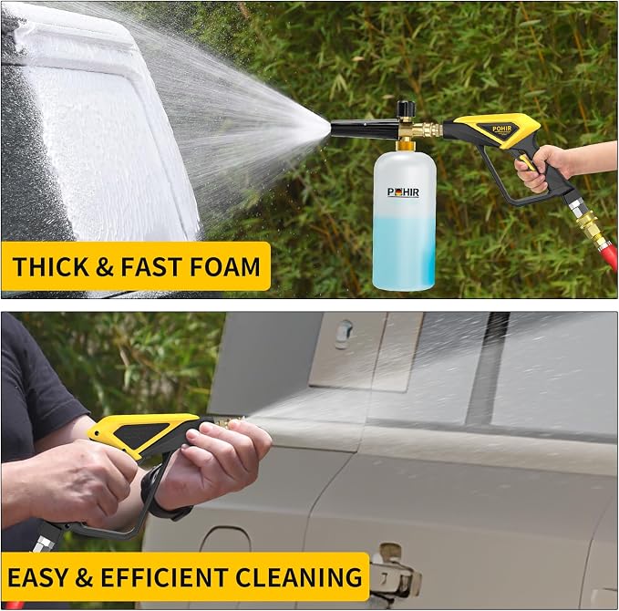 POHIR Short Pressure Washer Gun with Foam Cannon, 1/4 Inch Quick Connector, with 5 Pressure Washer Nozzle Tips 4500 PSI, 1 Liter