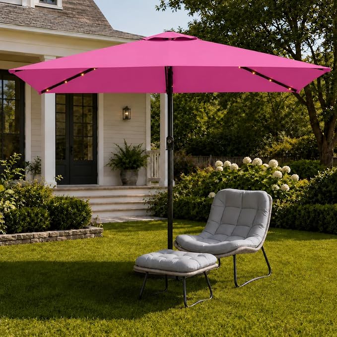 6.5 x 10ft Rectangular Patio Umbrella with Solar Lights, 16 LED Lighted Market Umbrella with Push-Button Tilt and Crank, 6 Sturdy Iron Ribs for Garden, Deck, Pool, Rose Pink
