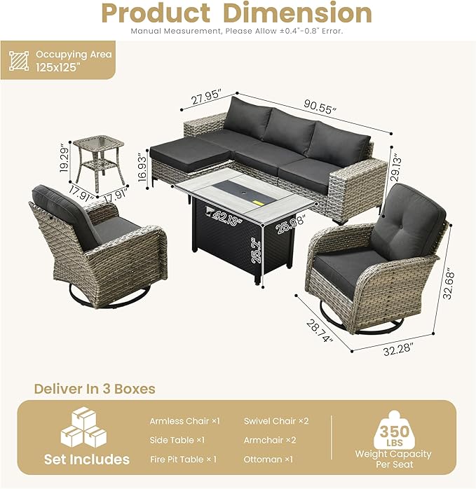 HOOOWOOO 8 Pieces Patio Furniture Set,L Shaped Outdoor Sectional Couch with Fire Pit Table, Pe Wicker All Weather Outside Conversation Sofa Swivel Chiars Solar Table Ottoman Set,Black