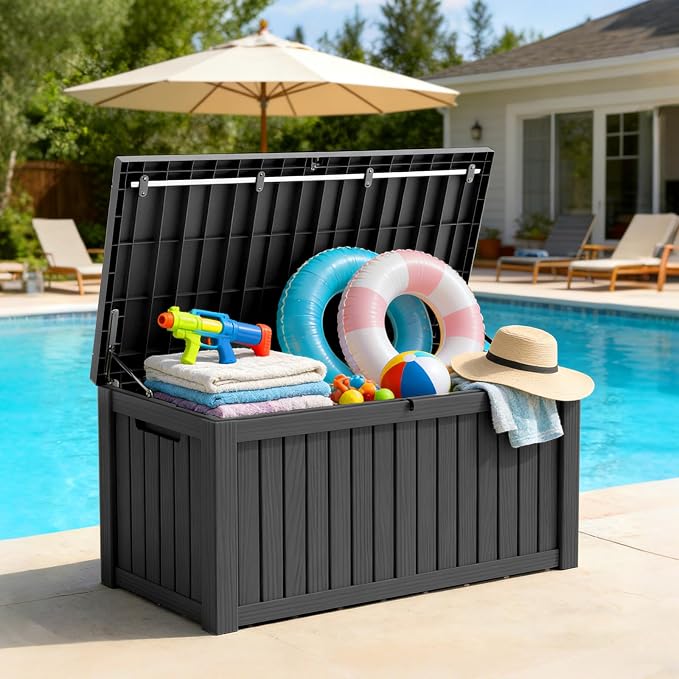 Mars Villa 120 Gallon Outdoor Storage Box, Large Resin Deck Box Waterproof, Storage Bin for Outside Patio Furniture Cushion, Pool Supply, with Hydraulic Hinge, UV Resistant and Weatherproof, Black