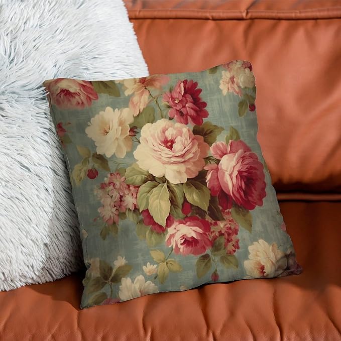 Watercolor Pink Roses Throw Pillow Covers Romantic Aqua Flower Throw Pillow Cover Farmhouse Farmhouse Decor Pillow for Couch Garden Tent Balcony 24x24 in