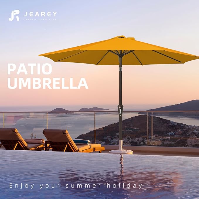 JEAREY Outdoor Patio Umbrella 9FT Outdoor Table Umbrella with Push Button Tilt and Crank, Market Umbrellas 8 Sturdy Ribs UV Protection Waterproof for Garden, Deck, Pool (Bright Orange)
