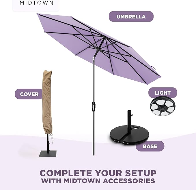 Midtown Umbrellas – The Swilt 9 Ft Patio Umbrellas with 360° Swivel & Tilt Mechanism, 8 Fiberglass Ribs & Terylast Polyester Fabric for Backyard, Deck, Pool & Cafes - Midtown Purple Canopy, Black Pole