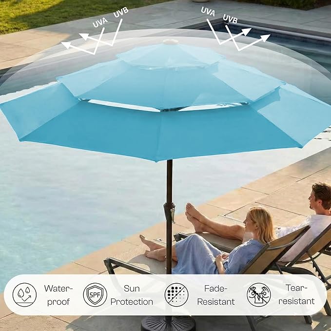 10ft 3-Tier Patio Umbrella with 32 Solar Powered LED Lights, Windproof Outdoor Market Umbrella for Deck, Poolside & Garden, Sturdy Push-Button Tilt Table Umbrella, Sky Blue