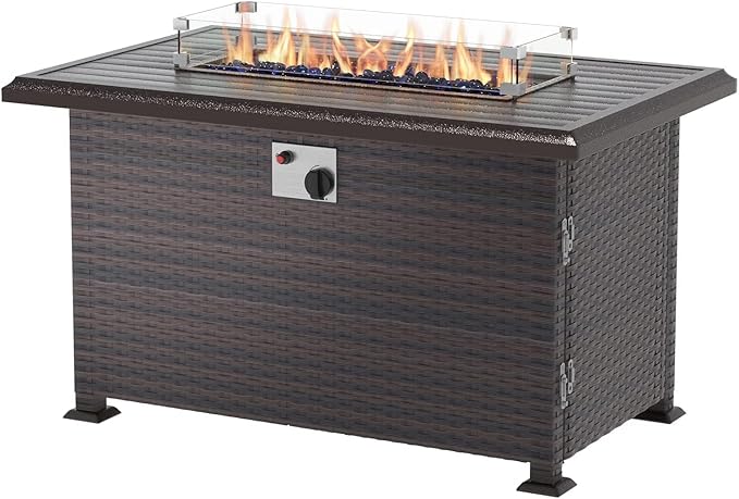 13 Pieces Outdoor Patio Furniture Set,Outdoor Sectional Furniture with 43" 55000 BTU Gas Propane Fire Pit Table,PE Rattan Wicker Patio Conversation Set with 10 Thickened Cushions,Sand