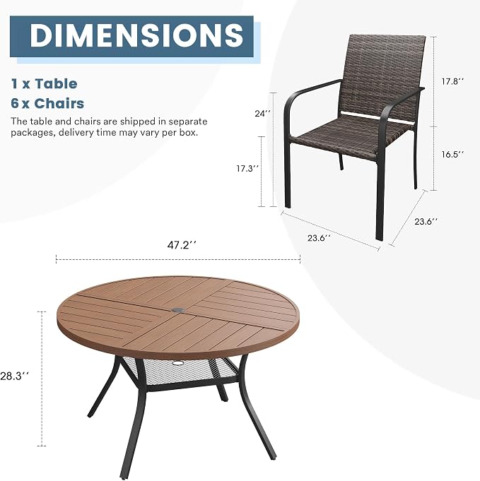 DIFY 7 Piece Outdoor Dining Set for 6, 47.2" Walnut Round Metal Dining Table with Umbrella Hole and Stackable Wicker Patio Chairs, All-Weather Patio Table and Chairs Set for Deck Garden Backyard