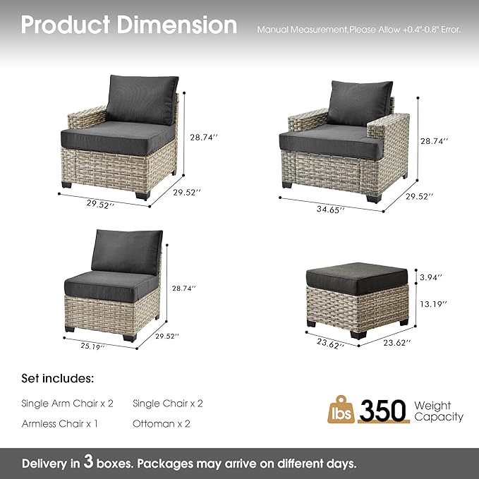 Outdoor Sectional Patio Furniture Set,7 Pieces All Weather Rattan Wicker Conversation Sets,Out Door Furniture with Ottoman Single Chair,Black