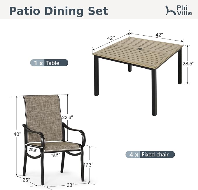 PHI VILLA 5 Piece Patio Dining Set, 42'' Wooden Texture Metal Table with Umbrella Holes and 4 High Back Fixed Chairs All Weather Outdoor Table and Chairs Set for Deck Garden Yard