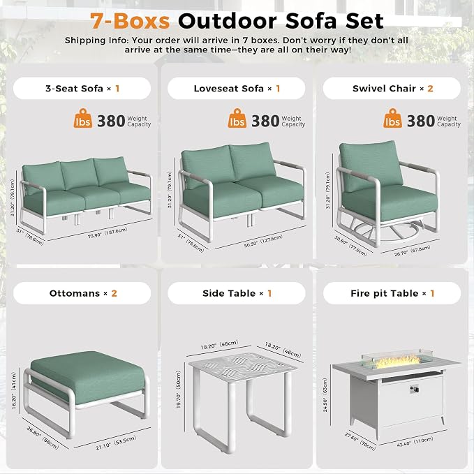 Outdoor Aluminum Patio Furniture Set with 43" Fire Pit Table,7-Seat Outdoor Conversation Set with Swivel Chairs & Loveseat & Ottomans, All-Weather Patio Set for Backyard,White