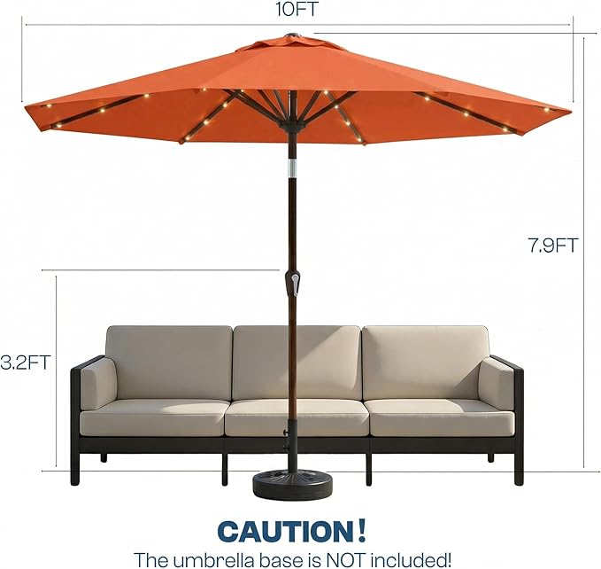 10FT Solar Patio Umbrella with Lights, Outdoor Table Market Umbrella with 32 LED Lights, 8 Sturdy Ribs, Push Button Tilt and Crank for Pool, Deck and Garden, UV-Resistant
