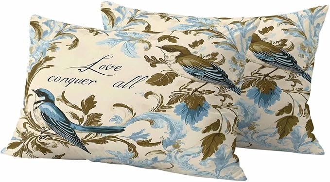 Vintage Bird Flower Outdoor Waterproof Throw Pillow Covers Set of 2, 20"x12", Watercolor Green Blue Floral Decorative Pillow Covers Outside Cushion Case for Patio Porch Garden