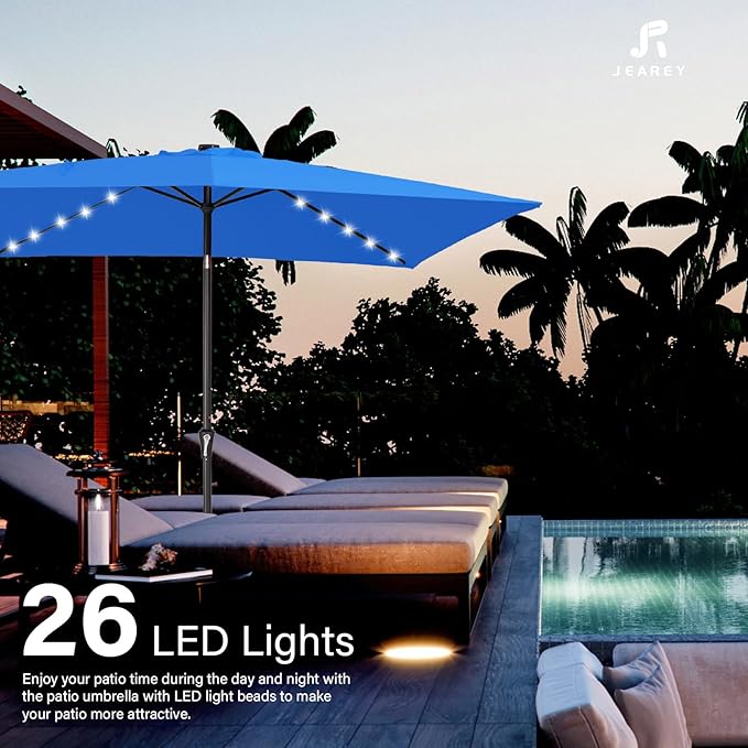 JEAREY 6.5x10 ft Rectangular LED Lighted Patio Umbrellas Outdoor Solar Table Market Umbrella w/Push Button Tilt/Crank, 6 Sturdy Ribs, UV Protection Waterproof Sunproof(Royal Blue)