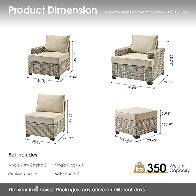 Outdoor Sectional Patio Furniture Set,9 Pieces All Weather Rattan Wicker Conversation Sets,Out Door Furniture with Ottoman Single Chair,Beige