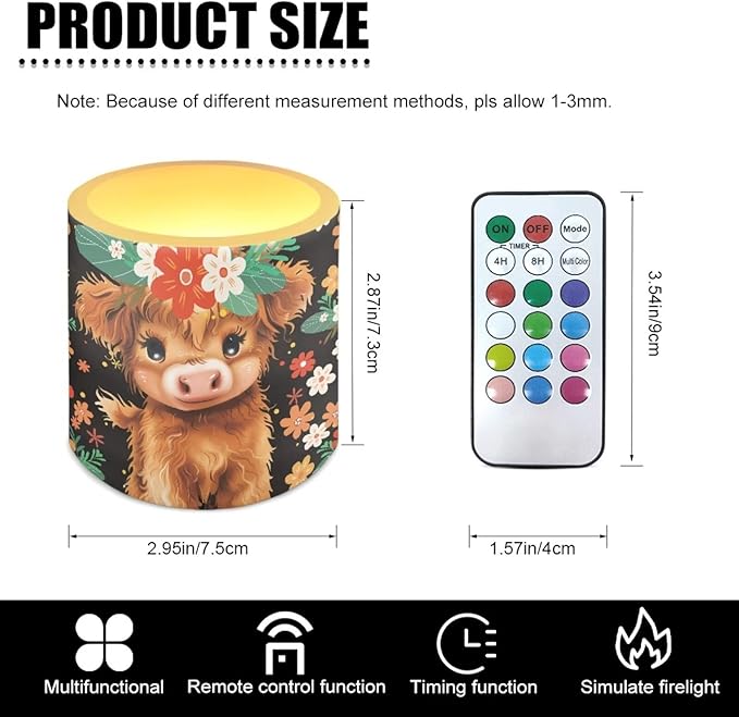 3 inch Flickering Color Changing LED Candles Set of 4 Floral Cute Highland Cow Print Flameless Eletric Pillar Candles with Remote Timer Control Home Decor