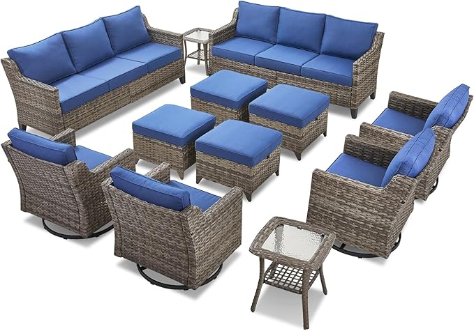 12 Piece Patio Furniture Set-High Back Outdoor Furniture Set Sectional Sofa with Wicker Swivel Patio Chairs,Comfy Cushions Ottomans for Porch Balcony Patio Deck Grey/Blue
