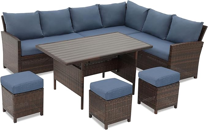 Wisteria Lane 7 Pieces Patio Furniture Set Outdoor Furniture Sectional, High Back Outdoor Patio Dining Table Set, Wicker Patio Conversation Set with Cushions for Balcony Lawn and Garden, Blue