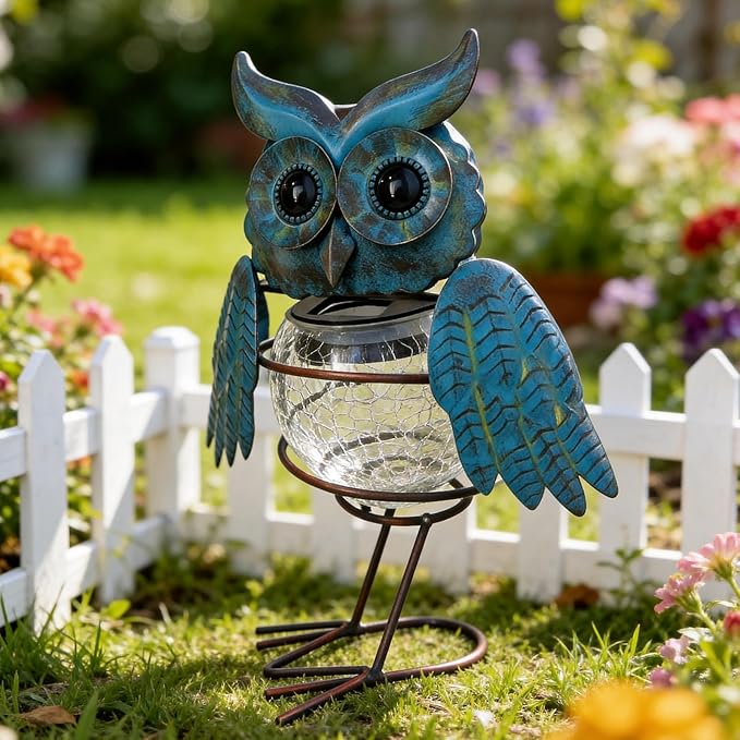 HONGLAND Solar Lights Outdoor Garden Owl Decor, Vibrant Blue Owl Solar Light Outdoor Waterproof with Glowing Crackle Glass Globe, Metal Yard Art Statue for Lawn Porch Patio Outside Garden Decor Gifts