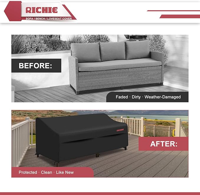RICHIE Waterproof Patio Sofa Cover 3-Seater - Outdoor Furniture Covers for Loveseat/Couch with Air Vents & Handles, 90"W*42"D*31"H, Black