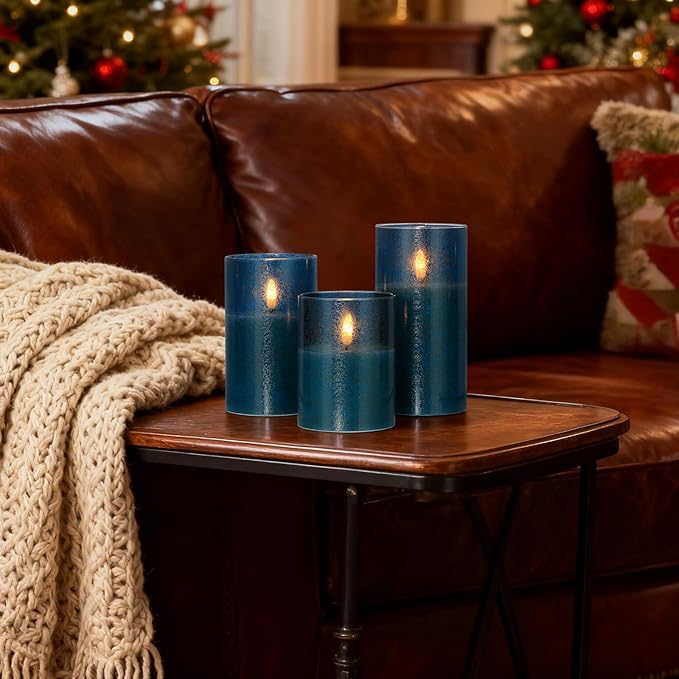 Flickering Flameless Candles with Remote - 3D Wick Battery Operated Candles with Timer, Blue Glass Fake LED Candles for Party Wedding Birthday Holiday Festival Christmas Home Decor Gifts