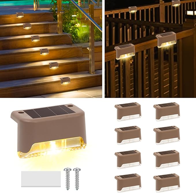 8 Pack Solar Stair Lights Outdoor Mini Waterproof LED Fence Lamp Outside Security and Decor Lighting for Step, Deck, Railing, Patio, Pool, Balcony, Retaining Wall, Patio, No Drill Instal (Warm White)