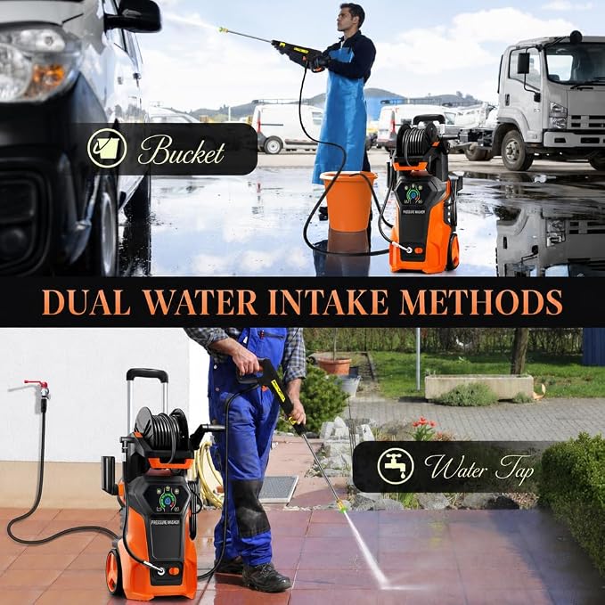 ๐๐๐๐๐๐๐ ๐๐ซ๐๐ฌ๐ฌ๐ฎ๐ซ๐ ๐๐๐ฌ๐ก๐๐ซ Cleaner, Portable Car Washer with 4 Quick Connect Nozzles, Foam Cannon (Orange)