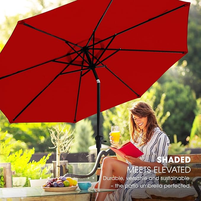 wikiwiki 9FT Patio Umbrella with Base, Outdoor Umbrellas with Base Included, 8 Sturdy Ribs, Waterproof Fade Resistant POLYESTER DTY Canopy for Deck, Lawn, Garden, Backyard & Pool, Red
