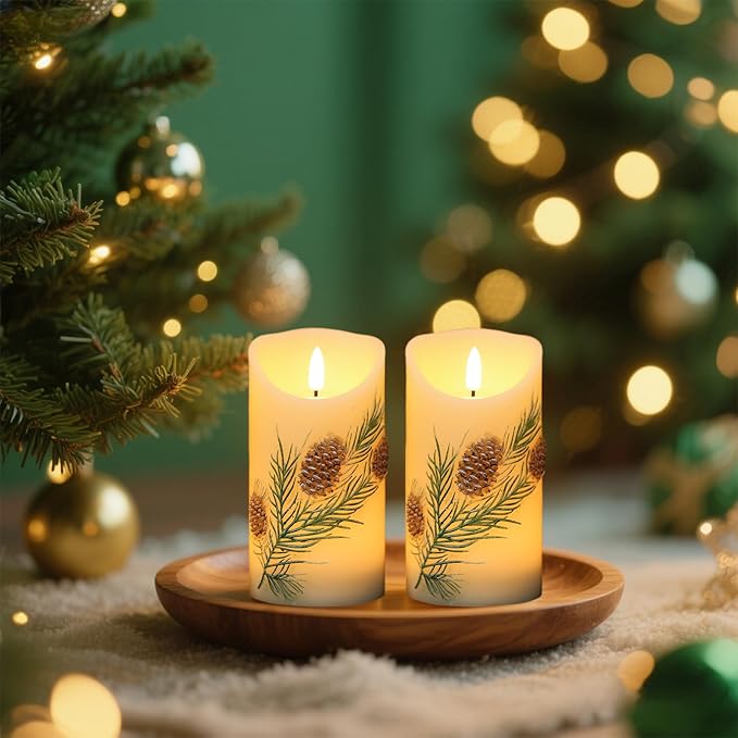 Pinecone LED Candles with 6H Timer, flameless Candles with Flickering Flame, Waxy Pillar 2 Pack Flickering Acorn Decor Woodsy for Fall Christmas Decor (3 inches x 5.7 inches)