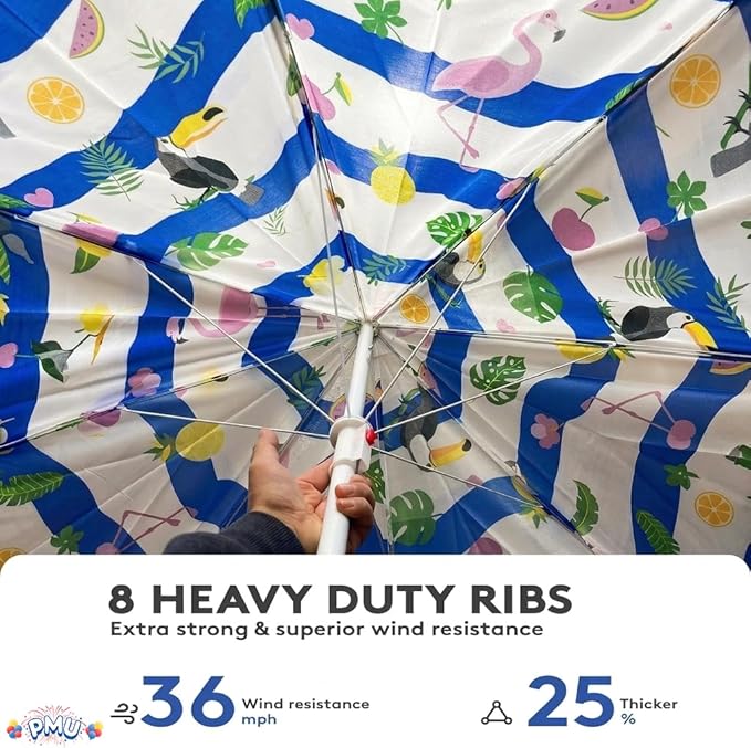 PMU 24 Pcs 6ft Tropical Beach Umbrella – Blue & White Stripes with Flamingo, Toucan & Leaf Print, 72in Open, 160G Polyester, Large Outdoor Patio Pool Parasol Umbrella for Garden, Deck, Backyard & Pool