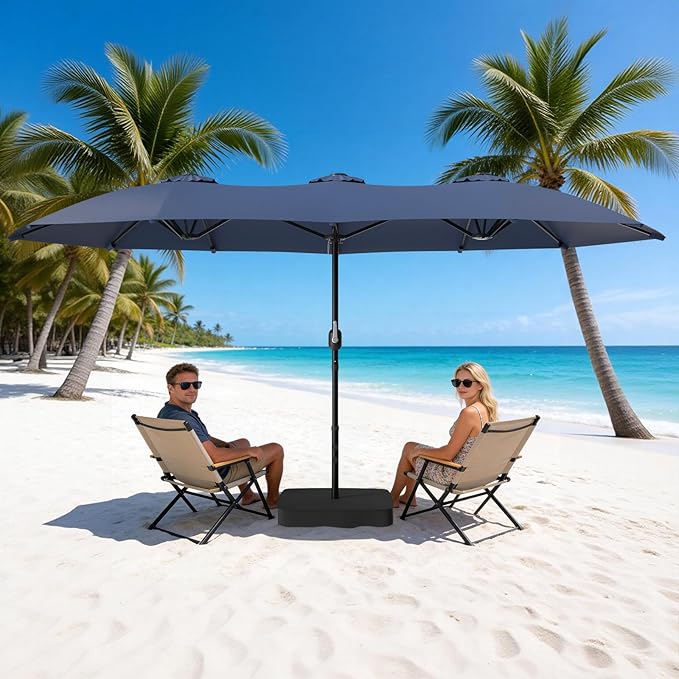 Suteck 15FT Patio Umbrella with Base Included, Double-Sided Rectangle Outdoor Large Umbrella with Crank Handle, UV & Fade Resistant Canopy for Poolside, Backyard, Deck and Market, Dark Blue