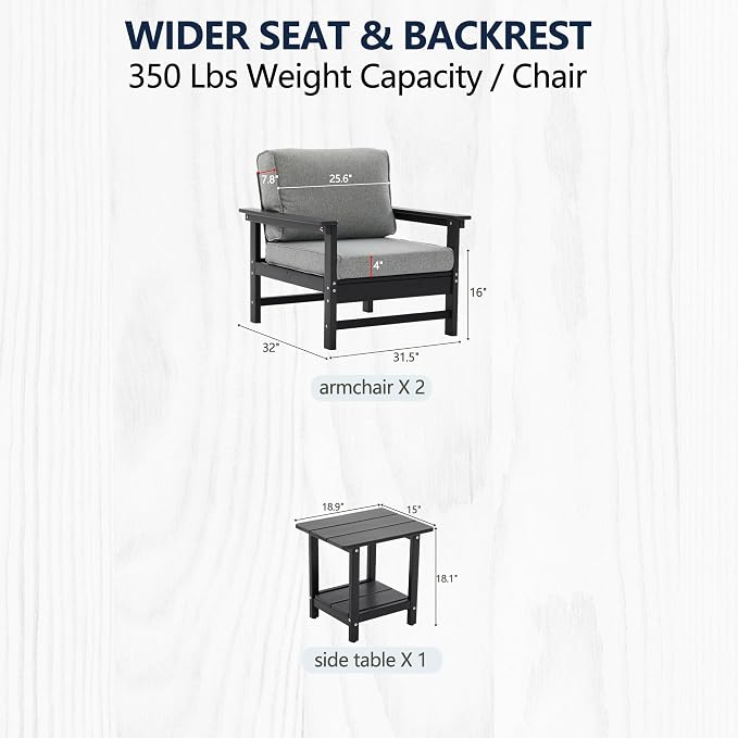 3-Piece Outdoor Patio Furniture Set, HDPE Conversation Bistro Set with 2 Ergonomic Armchairs & Dual-Layer Side Table, Waterproof & UV-Resistant with Cushions for Porch, Garden