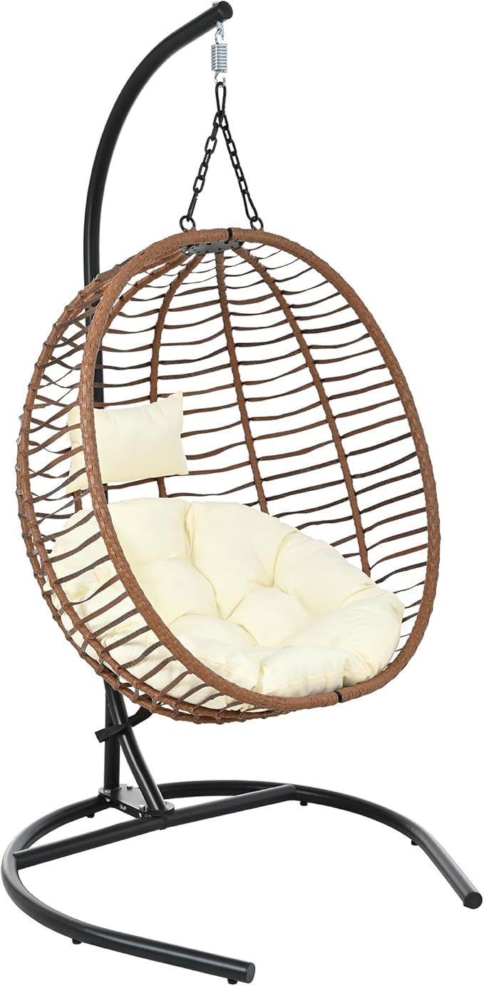 Folding Egg Chair, Outdoor Hanging Hammock Chair with Stand, Patio Wicker Hanging Chair with Iron Frame and Plush Cushion & Removable Headrest for Bedroom, Balcony, Garden (C-BrownBeige)