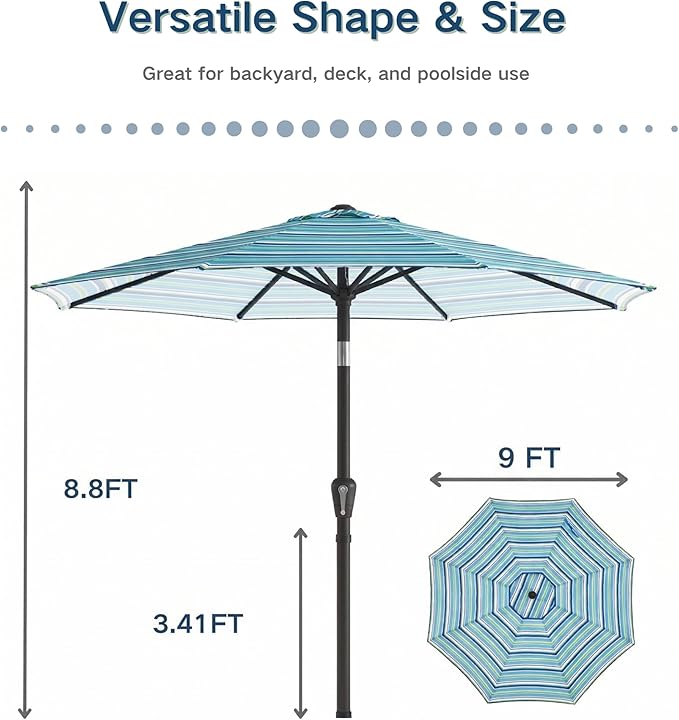 PatioKingdom 9FT Patio Outdoor Umbrella-UPF 50+ Sun Shade with Wind Vent, Push-Button Tilt & Smooth Crank Lift, Rust-Resistant Fiberglass Frame for Garden, Backyard,Yard (Blue Green Stripes)
