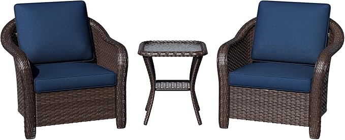 3 Piece Patio Wicker Bistro Set, 2 All-Weather Use Outdoor Wicker Chairs with PE Rattan Side Table,Ideal for Porch, Backyard, Balcony, Poolside, Blue